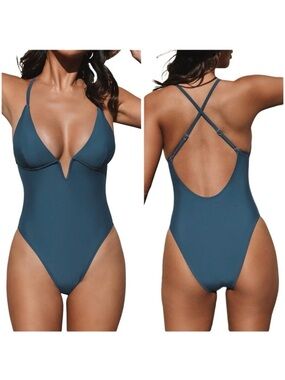 Cupshe Blue Plunging V-Neck One Piece Swimsuit Criss Cross Back Medium 8/10